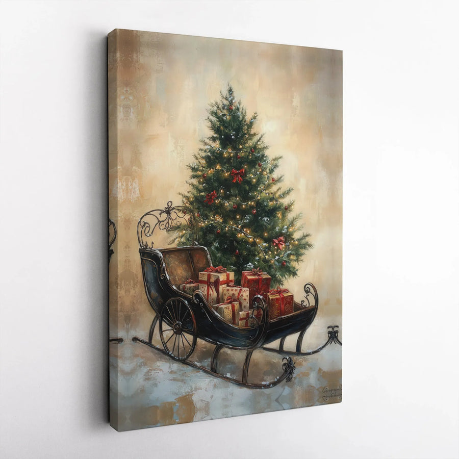 Vintage Christmas Sleigh Canvas Print | Festive Tree With Presents Wall Art | Premium Gallery-Wrapped 1.25" Profile | Holiday Home Decor Gift