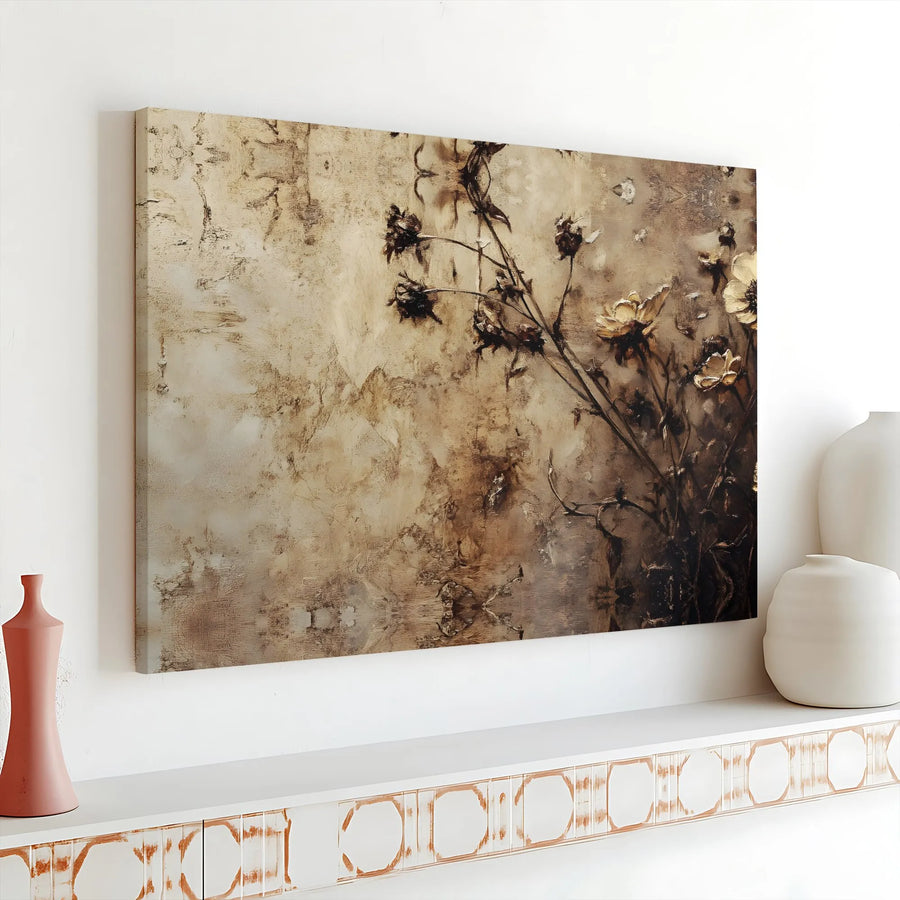 Abstract Dried Flower Canvas Art | Sepia Tone Textured Floral Wall Decor | 1.25-Inch Gallery Wrap Premium Print | Elegant Minimalist Home Interior Gift