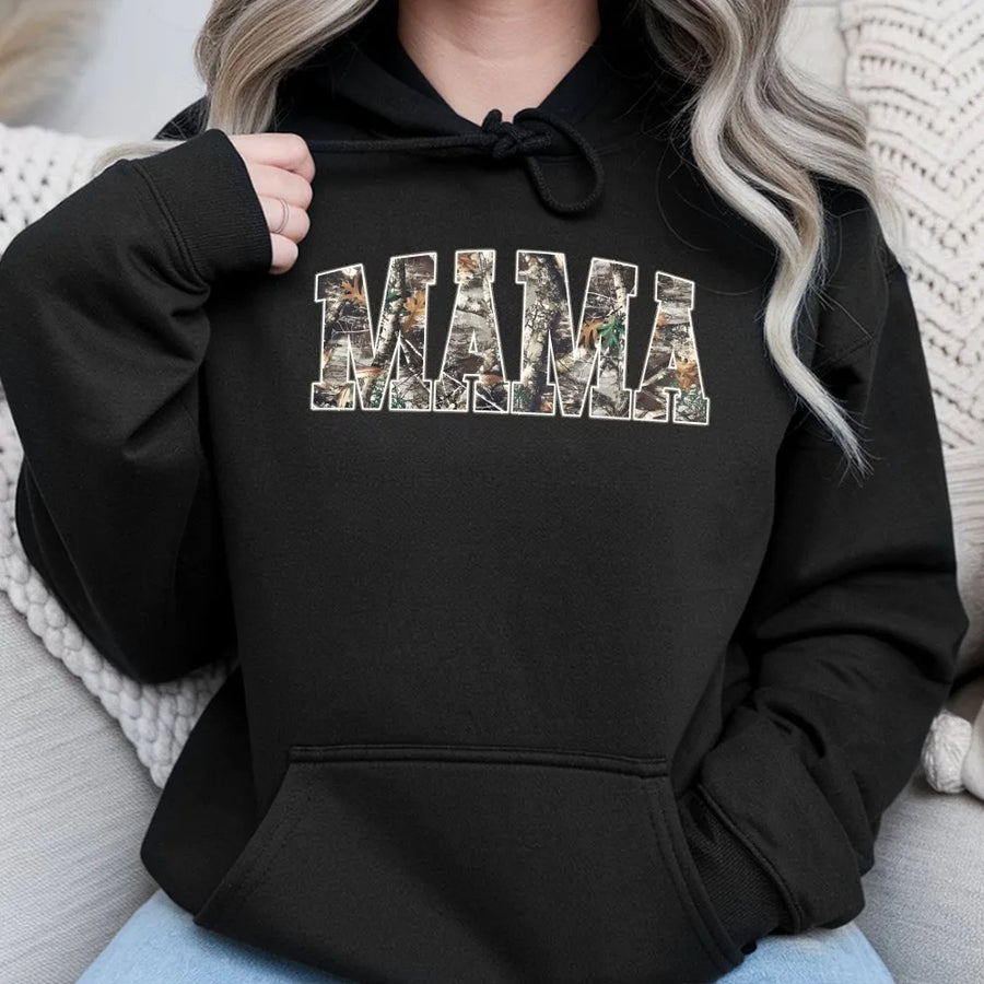 Hunting Mama Hoodie | Camouflage Varsity Lettering | Cozy Cotton Blend Crewneck | Gift for Outdoorsy Mom on Mother's Day