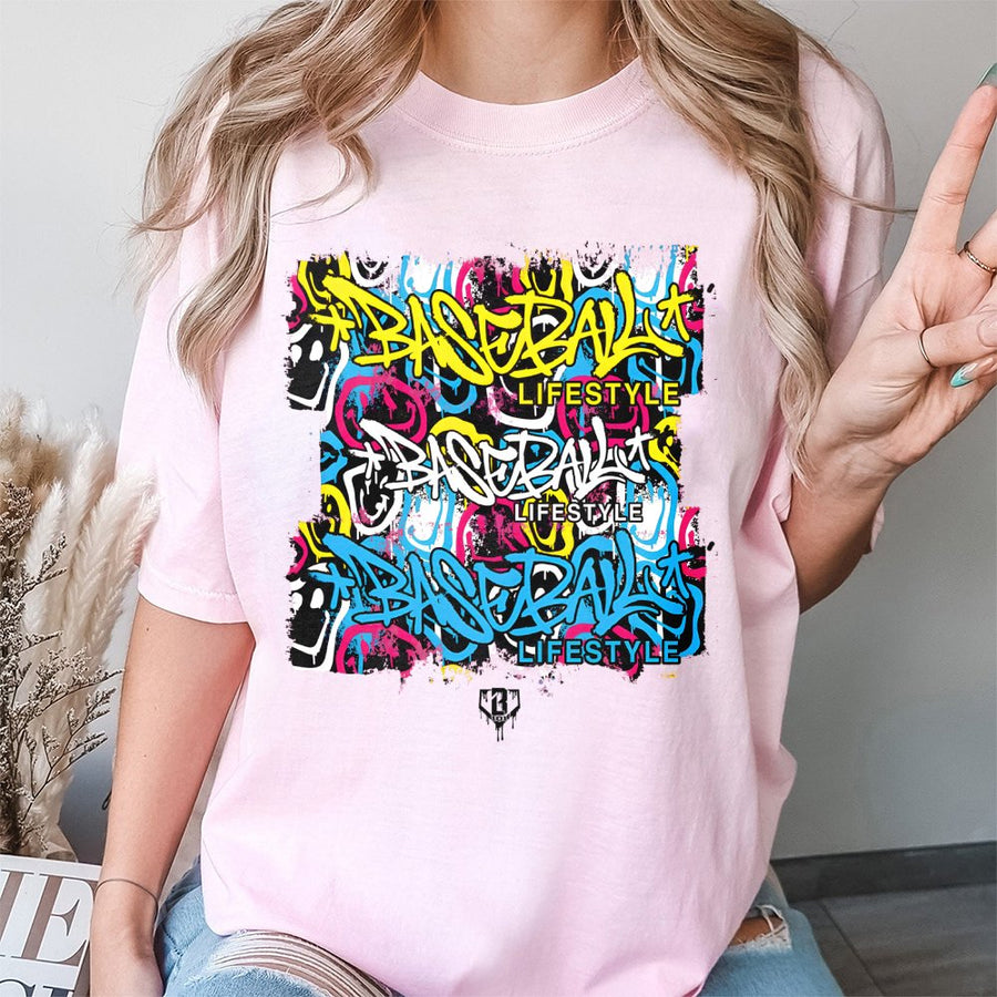 Baseball Lifestyle Graffiti T-Shirt | Streetwear Smiley Graphic Print | 100% Cotton Premium Tee | Unique Baseball Fan Gift for Teens and Adults