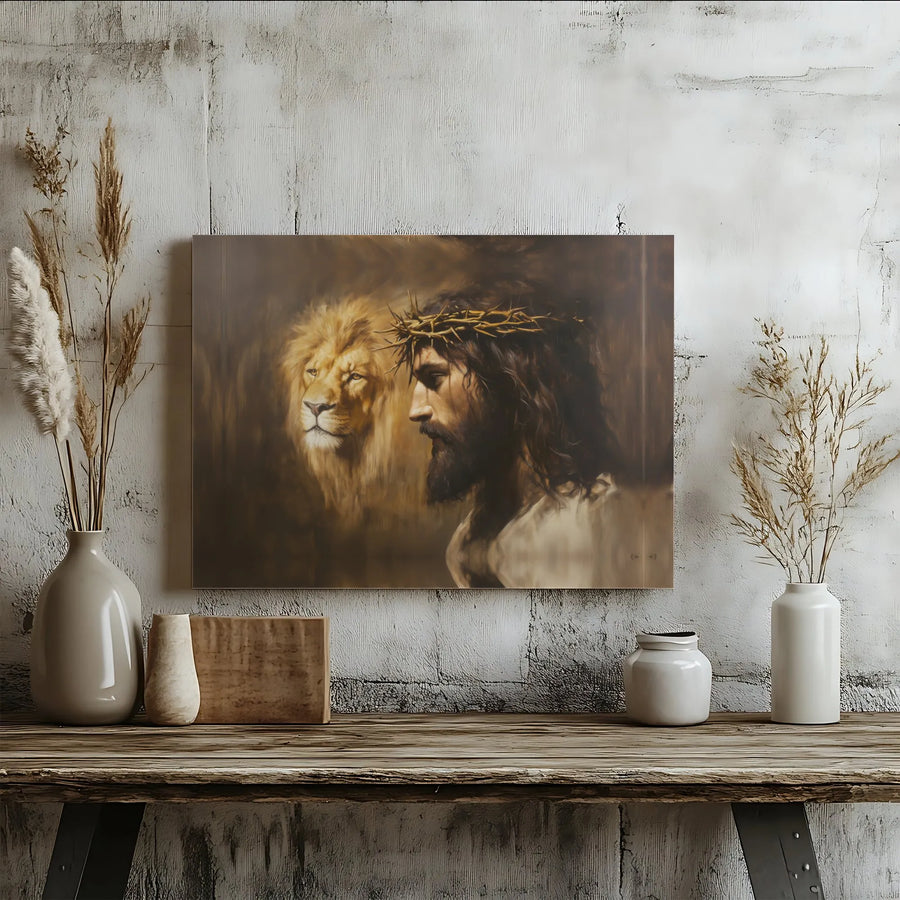 Jesus and Lion of Judah Canvas Wall Art | Crown of Thorns Religious Portrait | Premium Fade-Resistant Print | Spiritual Home Decor Gift