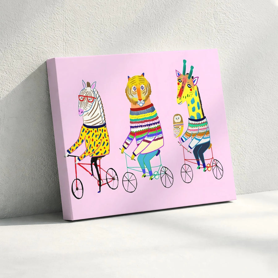 Whimsical Animal Wall Art | Zebra Tiger Giraffe Riding Bicycles | Premium Gallery Wrap Canvas | Cute Nursery Decor or Kids Room Gift