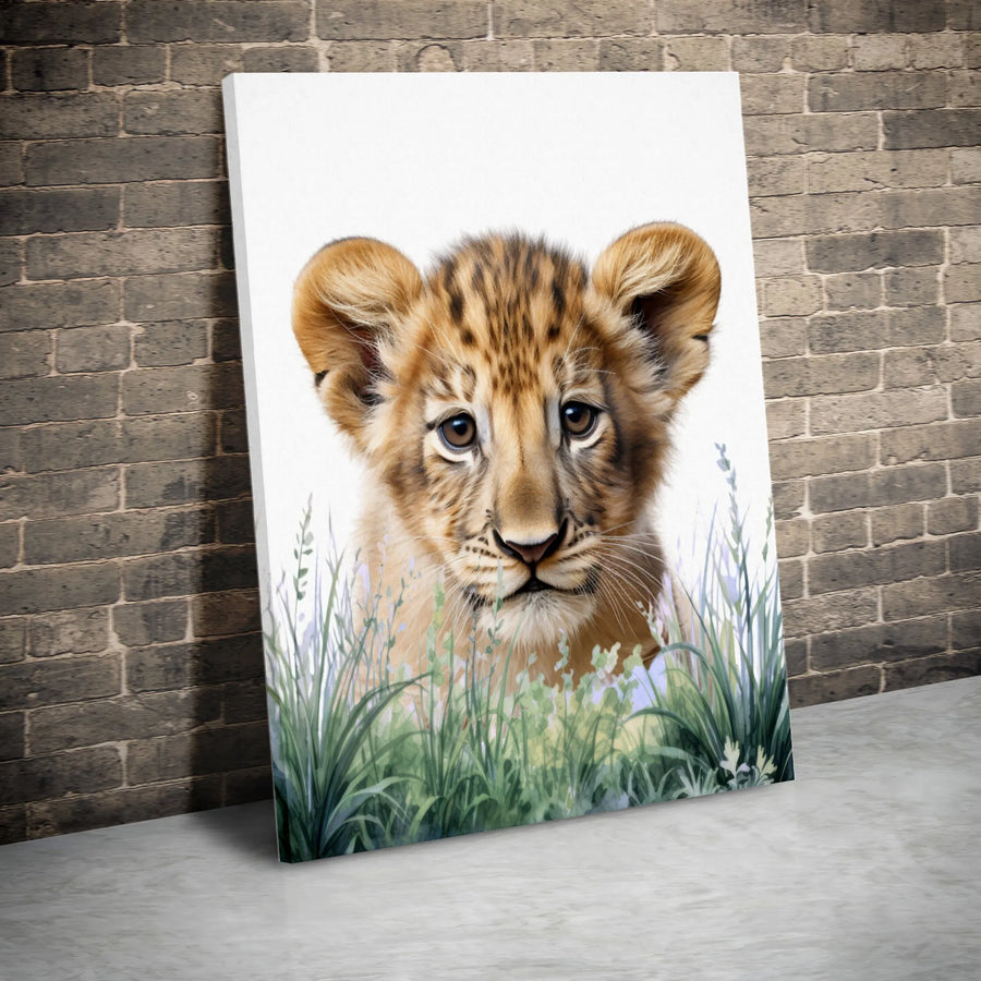 Baby Lion Cub Canvas Wall Art | Watercolor Safari Nursery Decor | 1.25-Inch Gallery Wrap | Premium Wildlife Animal Print Gift for Kids