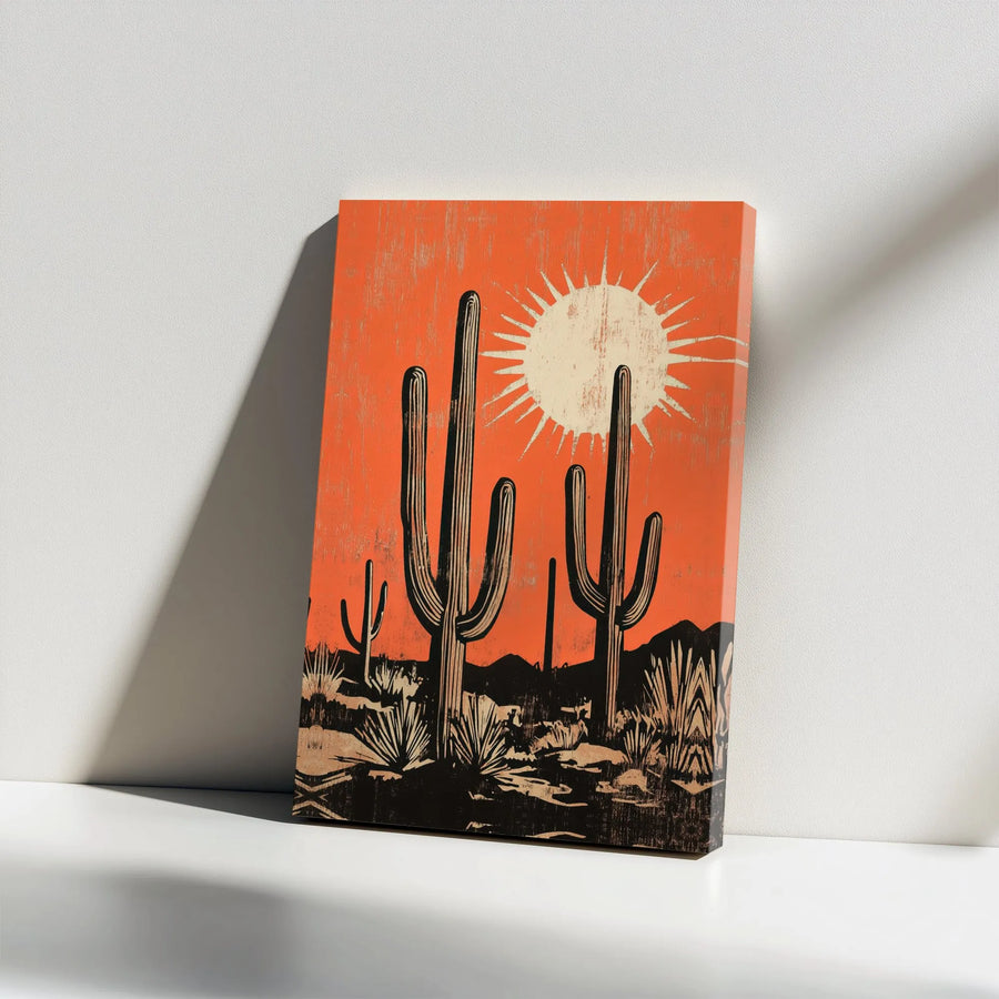 Desert Saguaro Cactus Canvas Wall Art | Mid Century Modern Boho Decor | Gallery Wrapped Premium Print | Southwestern Desert Landscape Gift for Home