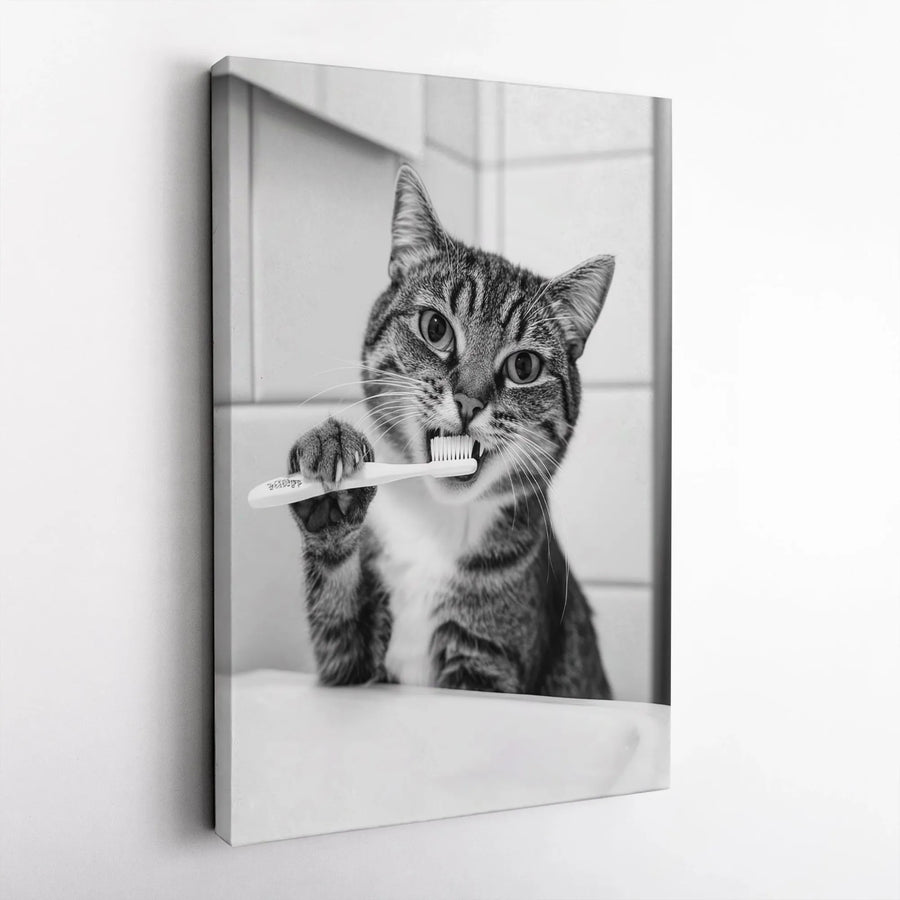 Funny Cat Brushing Teeth Canvas Art | Black and White Bathroom Wall Decor | Premium Fade-Resistant Gallery Wrap | Whimsical Animal Lover Gift