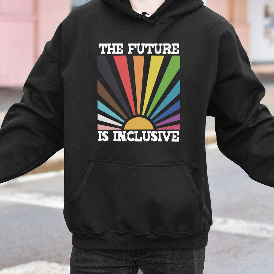 The Future Is Inclusive Hoodie | Rainbow Progress Pride Flag Graphic | Soft Cotton-Polyester Blend | LGBTQ Equality Gift for Allies