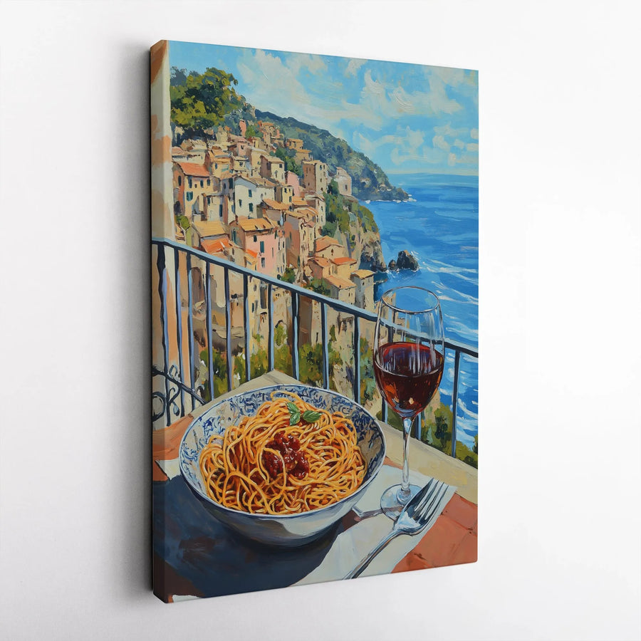 Italian Coastal Village Canvas Print | Spaghetti and Wine View | Premium Gallery Wrap Wall Art | Kitchen Decor Gift for Food Lovers