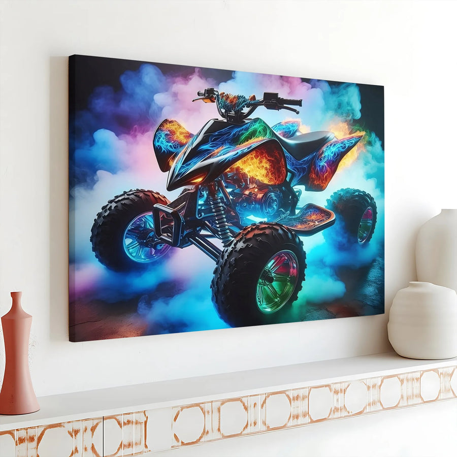 Fiery Neon ATV Canvas Wall Art | Abstract Quad Bike Graphic | Premium Fade-Resistant Print | Man Cave & Game Room Decor Gift