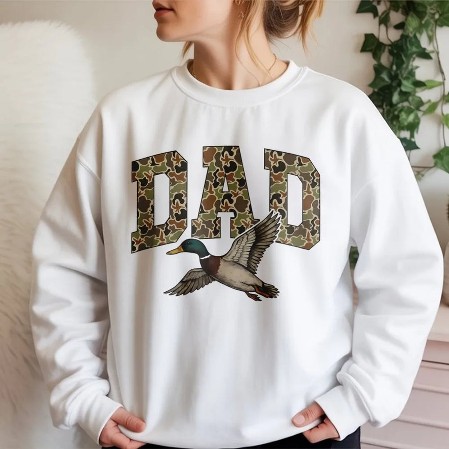 Camo Dad Duck Sweatshirt | Waterfowl Hunting Graphic Tee | Premium Cotton Blend Unisex Pullover | Outdoorsman Gift for Hunter Dad