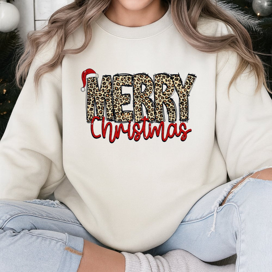 Merry Christmas Sweatshirt | Leopard Print Holiday Graphic | Cotton-Blend Premium Quality | Festive Xmas Gift for Women and Men