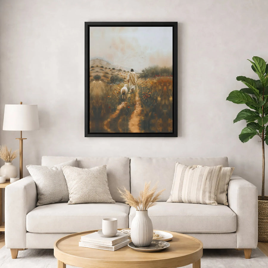 Jesus Walking With Lamb Canvas Art | Religious Wildflower Field Wall Decor | 1.25 Inch Premium Gallery Wrap | Christian Home Gift for Faith