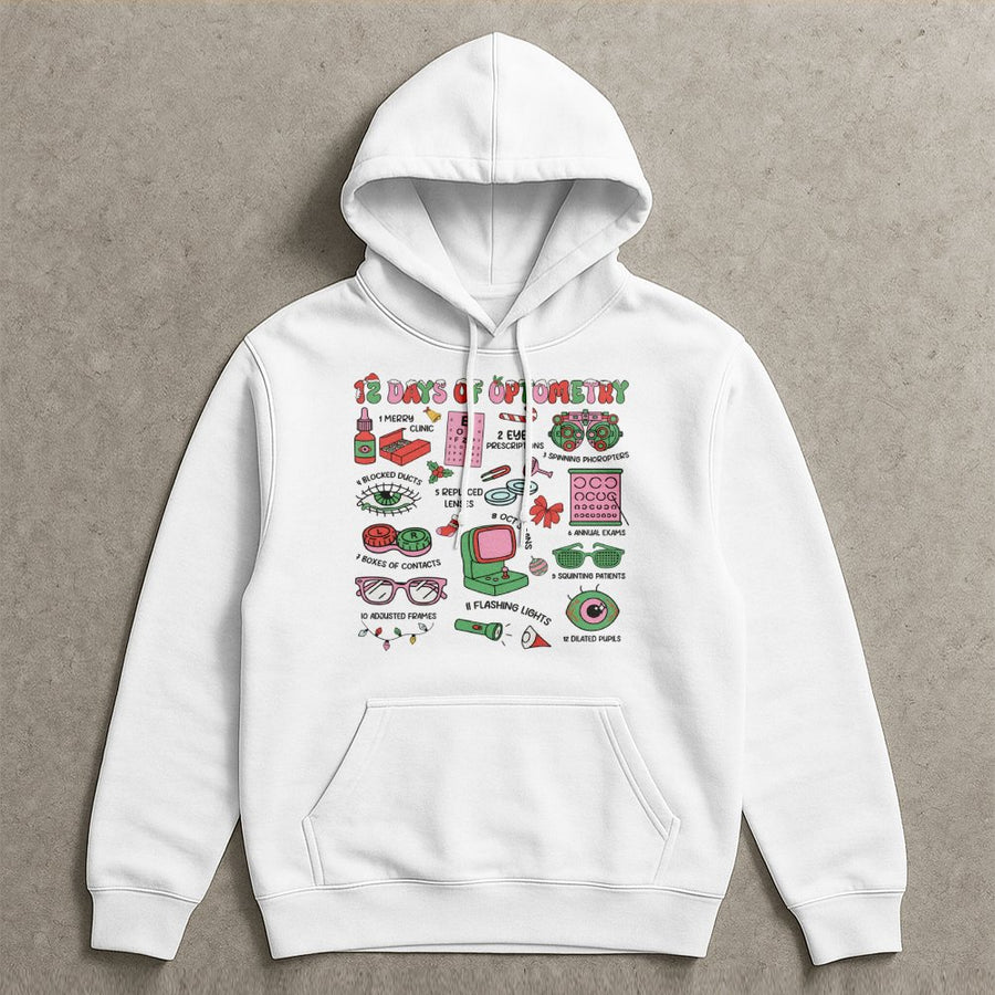 12 Days Of Optometry Hoodie | Funny Eye Doctor Christmas Sweatshirt | Premium Cotton Blend | Gift For Ophthalmologist Optician