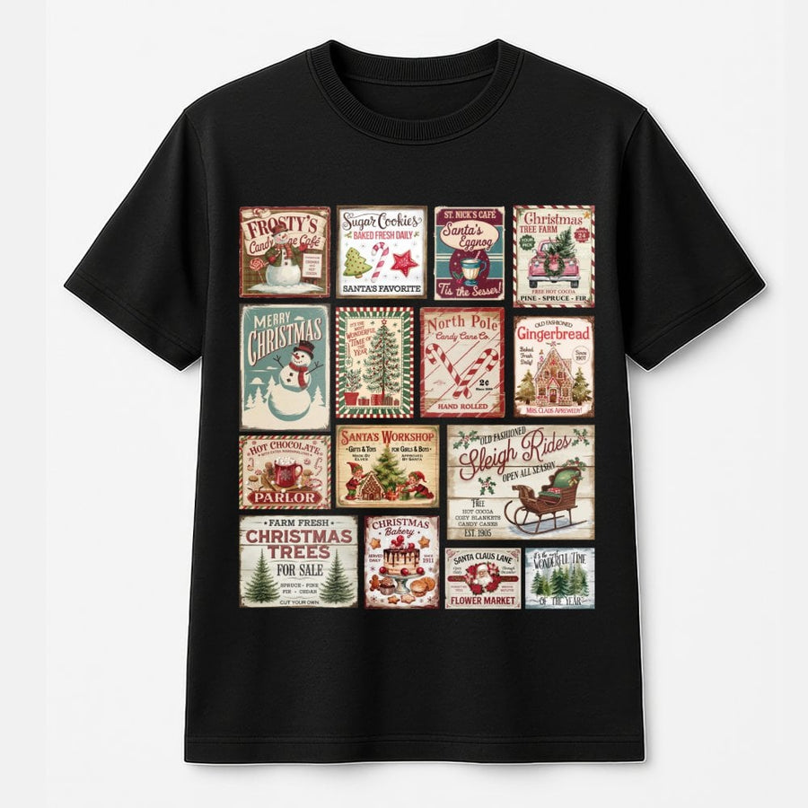 Vintage Christmas Stamp T-Shirt | Retro Holiday Collage Graphic Tee | 100% Cotton Premium Quality | Cozy Winter Gift for Women & Christmas Lovers