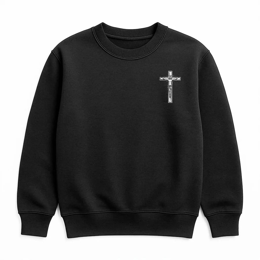 Crucifix Sweatshirt | Minimalist Jesus Cross Chest Graphic | Premium 100% Cotton | Religious Faith Gift for Men & Women
