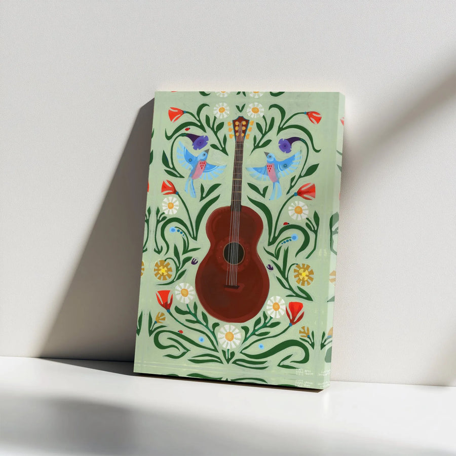 Acoustic Guitar Canvas Wall Art | Bohemian Floral & Bird Design | Premium Gallery Wrapped Canvas | Gift for Musician Home Decor