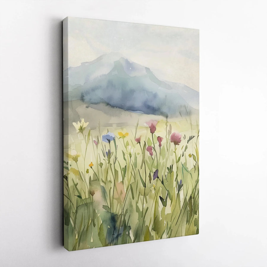 Watercolor Mountain Landscape Canvas | Wildflower Field Wall Art | 1.25-Inch Premium Gallery Wrap | Nature-Inspired Home Decor Gift