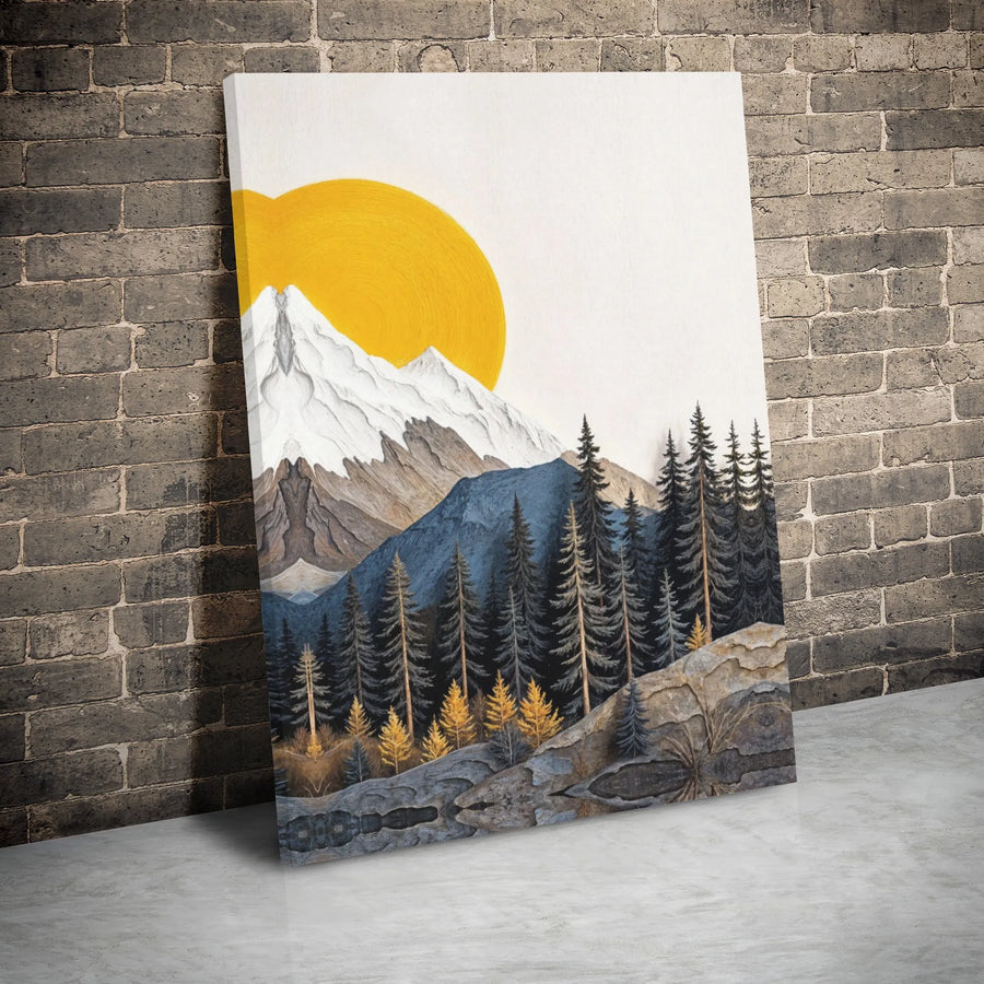 Mountain Landscape Canvas Art | Abstract Pine Forest and Yellow Sun | Premium Gallery Wrap Wall Decor | Modern Nature Home Office Gift