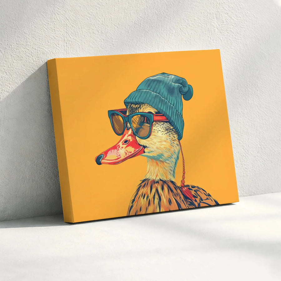 Cool Duck Wall Art | Hipster Duck in Beanie and Sunglasses | Premium Gallery Wrapped Canvas | Fun Animal Home Decor for Office or Living Room