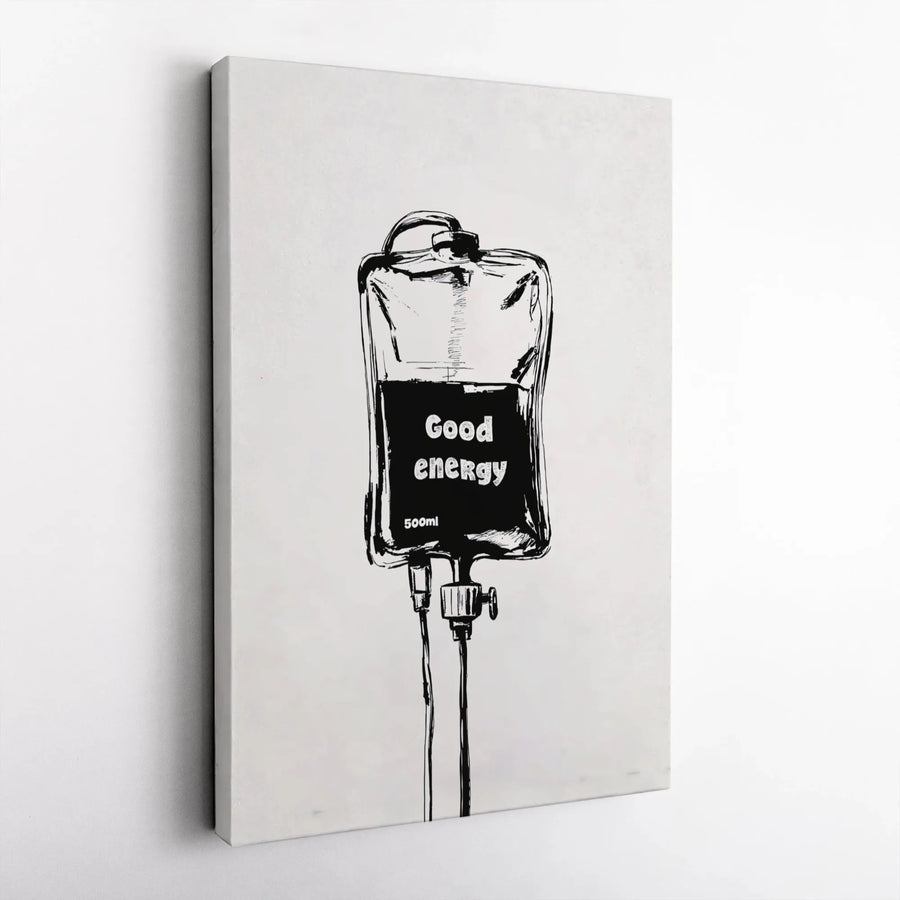 Good Energy IV Drip Bag Canvas Art | Black and White Sketch Print | Premium Gallery Wrap Wall Decor | Motivational Office and Home Wall Art Gift