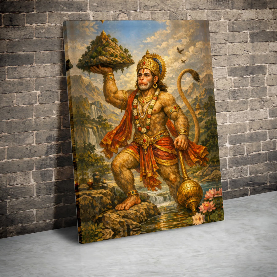 Hanuman Canvas Wall Art | Hindu God Carrying Dronagiri Mountain | Premium High-Resolution Print | Spiritual Gift & Home Decor