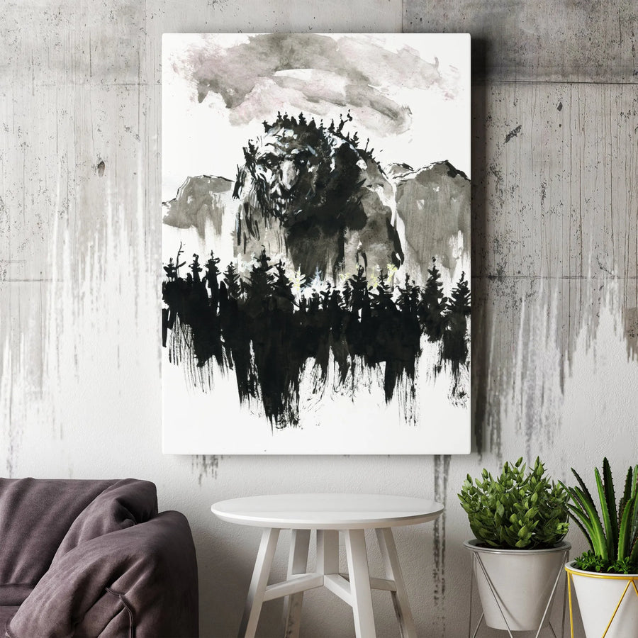 Mountain Giant Vertical Canvas | Abstract Ink Wash Style Art | Premium Gallery Wrapped Print | Collector's Gift for Dark Fantasy Home Decor