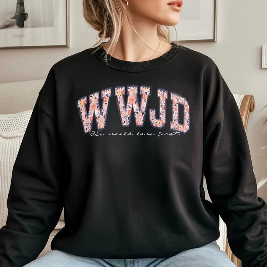 WWJD Christian Sweatshirt | Aesthetic Floral Varsity Letters Design | Premium Cotton | What Would Jesus Do Faith Gift for Women