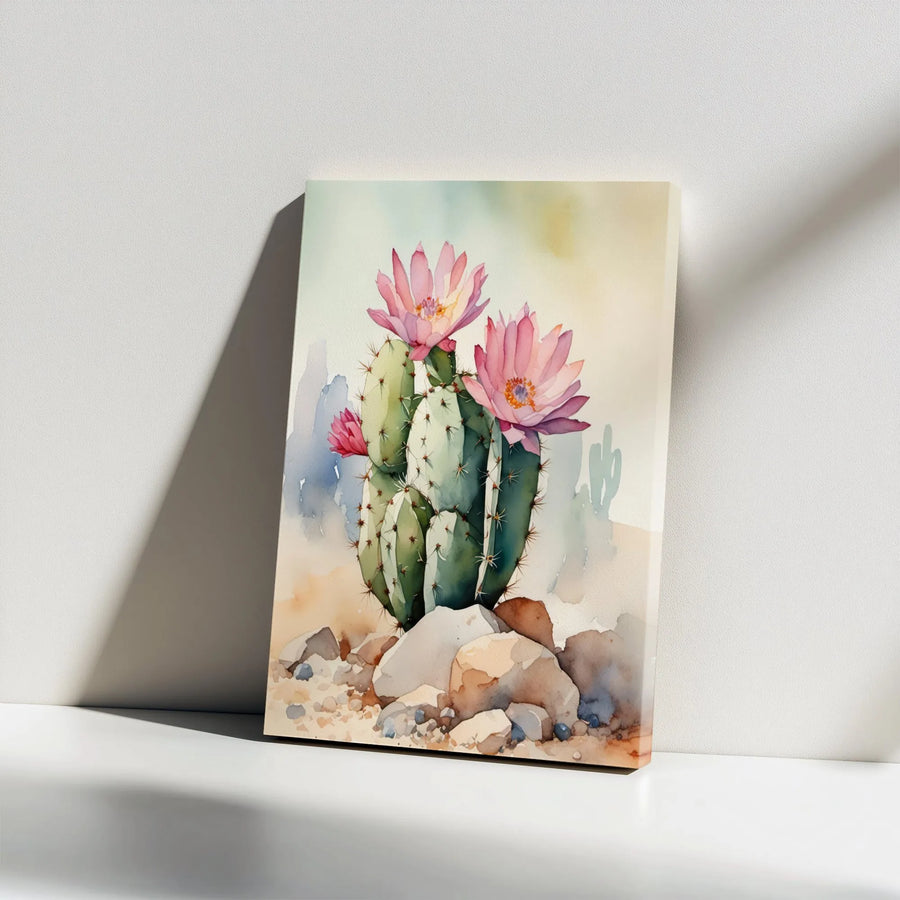 Watercolor Desert Cactus Canvas Art | Pink Blooming Succulent Print | Premium 1.25" Gallery Wrap | Boho Southwestern Home Wall Decor Gift