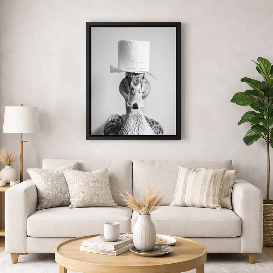 Funny Duck Canvas Art | Quirky Toilet Paper Hat Animal Portrait | Gallery Quality 1.25 Inch Print | Unique Bathroom Wall Decor Gift
