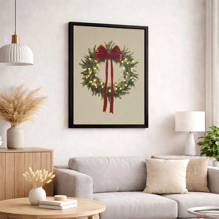 Christmas Wreath Canvas Print | Illuminated Holiday Wall Art with Red Bow | Premium 1.25" Gallery Wrap | Festive Home Decor Gift