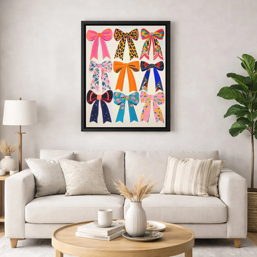 Preppy Bows Wall Art | Colorful Ribbon Bow Patterns | Premium Gallery-Wrapped Canvas Print | Cute Aesthetic Decor for Bedroom or Dorm