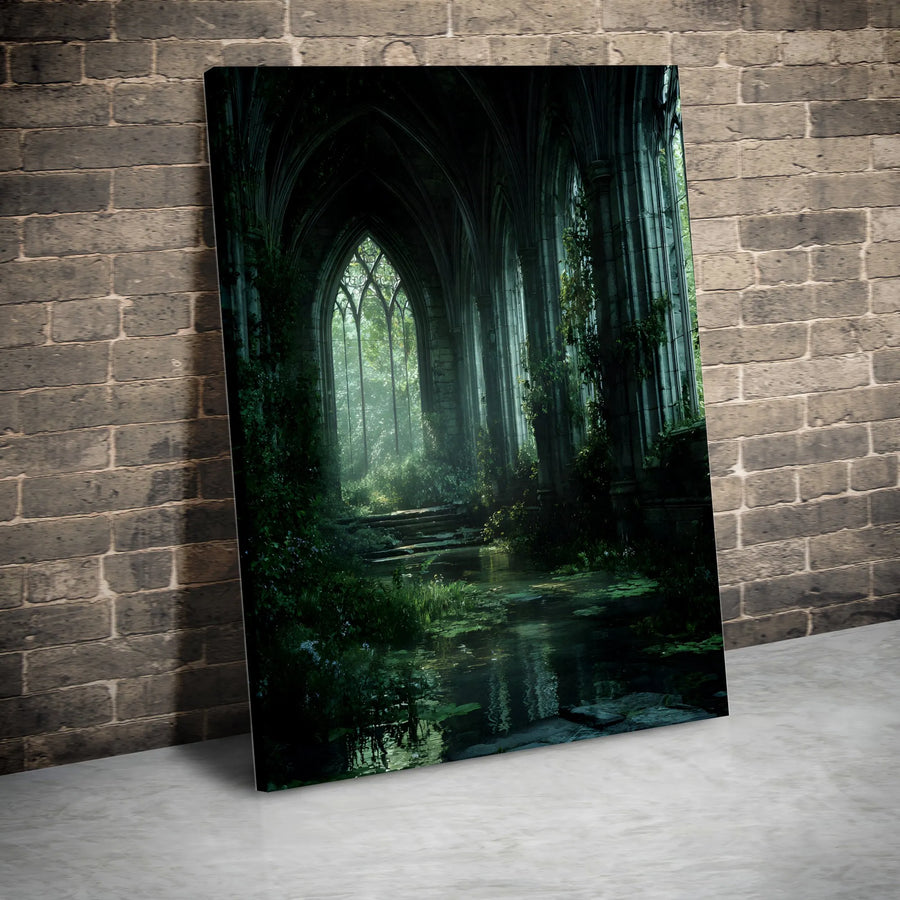 Gothic Cathedral Canvas Art | Overgrown Ruins With Indoor Pond | Gallery Quality Fade-Resistant Print | Dark Academia Wall Decor