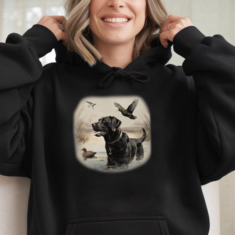 Black Labrador Hoodie | Duck Hunting Dog Graphic | Cotton-Poly Blend Premium Sweatshirt | Outdoorsman Gift For Dog Lovers