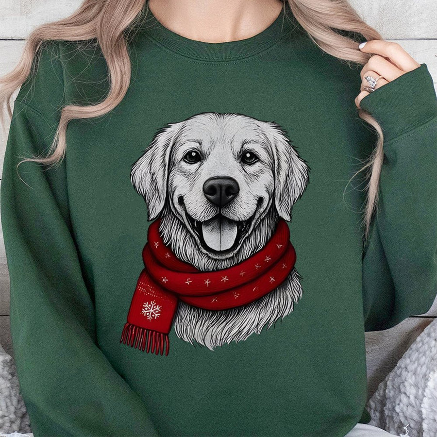 Golden Retriever Christmas Sweatshirt | Cute Dog In Red Scarf Graphic | Premium Cotton Blend Crewneck | Cozy Holiday Gift For Dog Lovers