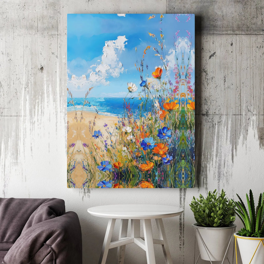 Wildflower Beach Canvas Wall Art | Impasto Coastal Landscape Print | Premium Gallery-Wrapped Decor | Coastal Home Gift For Living Room