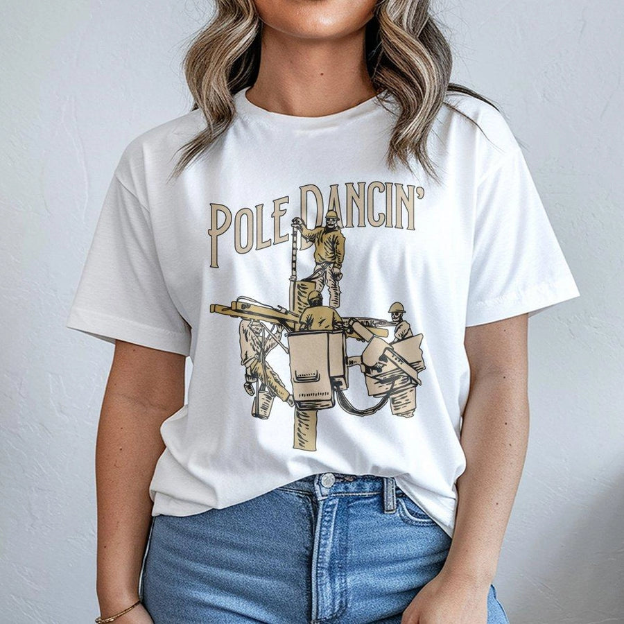 Lineman Pole Dancin' T-Shirt | Funny Skeleton Electrician Graphic | Premium Cotton Crewneck | Unique Gift for Powerline Technician & Utility Workers