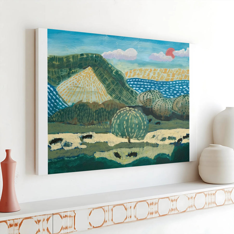 Folk Art Cow Landscape Canvas | Rustic Pastoral Painting Print | Premium Gallery Wrap Wall Art | Modern Farmhouse Living Room Decor Gift