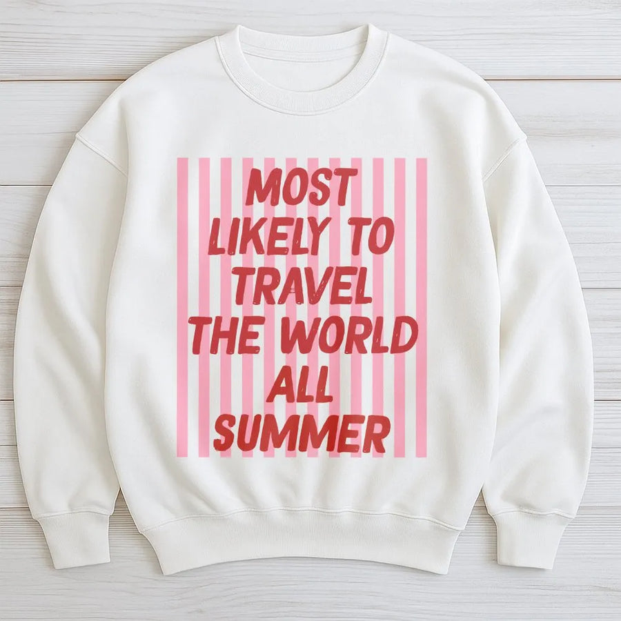 Most Likely To Travel Sweatshirt | Funny Summer Vacation Graphic Sweatshirt | Cozy Cotton Blend | Gift for World Traveler, Matching Group Trip Outfit