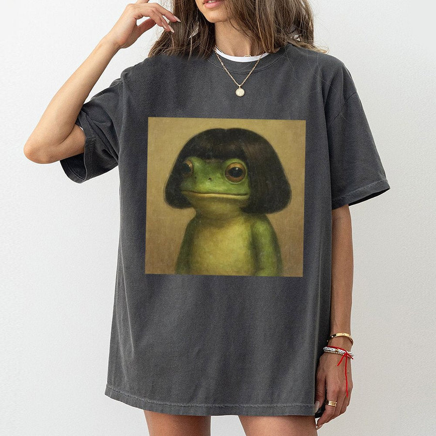 Frog With Bob Haircut T-Shirt | Funny Aesthetic Retro Meme Graphic | Premium Soft Cotton | Unisex Gift for Frog Lovers