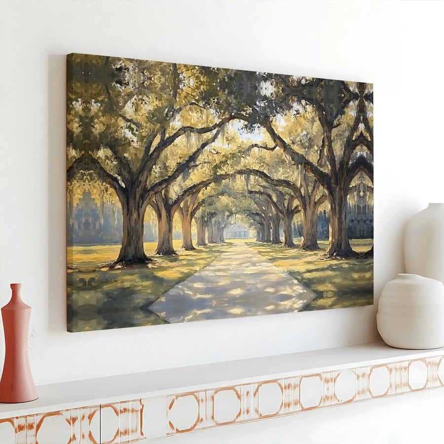 Southern Avenue of Oaks Canvas Wall Art | Moody Spanish Moss Landscape | Premium Gallery Wrap Print | Nature Home Decor Gift