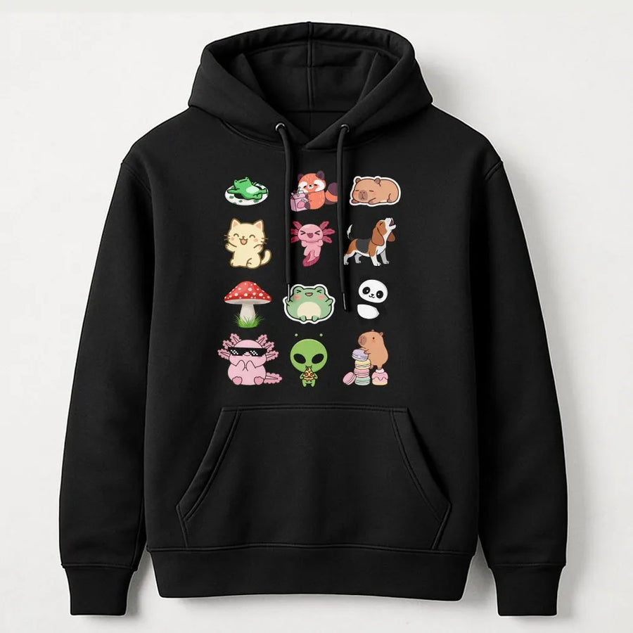 Kawaii Animal Collage Hoodie | Cute Doodle Characters ft. Axolotl & Frog | Soft Cotton-Poly Blend | Gift for Teen Girls & Animal Lovers