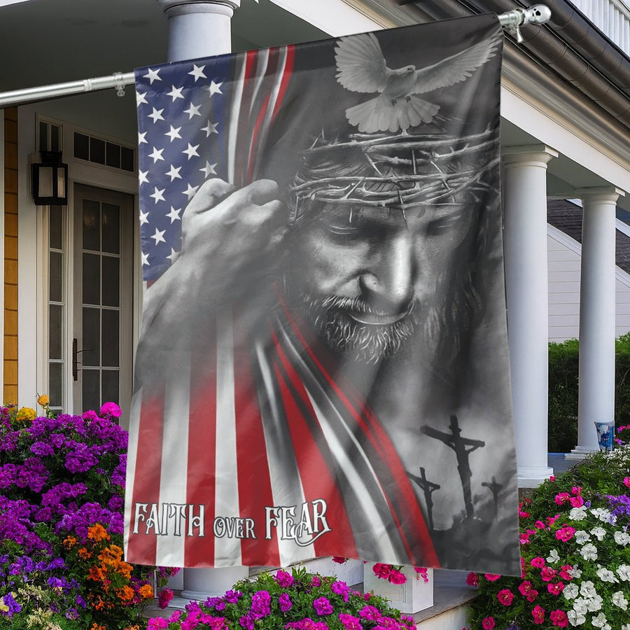 Faith Over Fear Garden Flag | American Flag Jesus Portrait Christian Decor | UV-Resistant Premium Polyester | Patriotic Religious Home Garden Gift