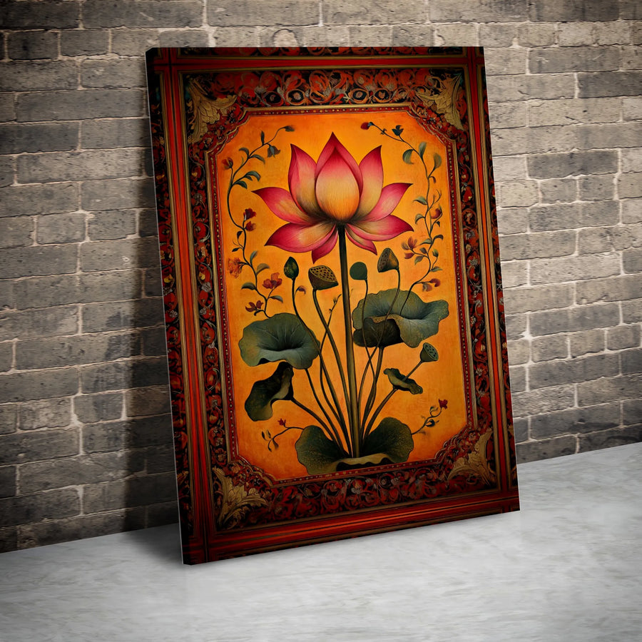 Lotus Flower Wall Art Canvas | Traditional Indian Floral Botanical Print | Premium Fade-Resistant Gallery Wrap | Elegant Home Office Decor Gift
