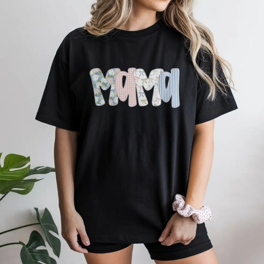 Floral Preppy Mama T-Shirt | Coquette Patchwork Graphic Tee | Soft Cotton Classic Fit | Gift for New Mom on Mother's Day