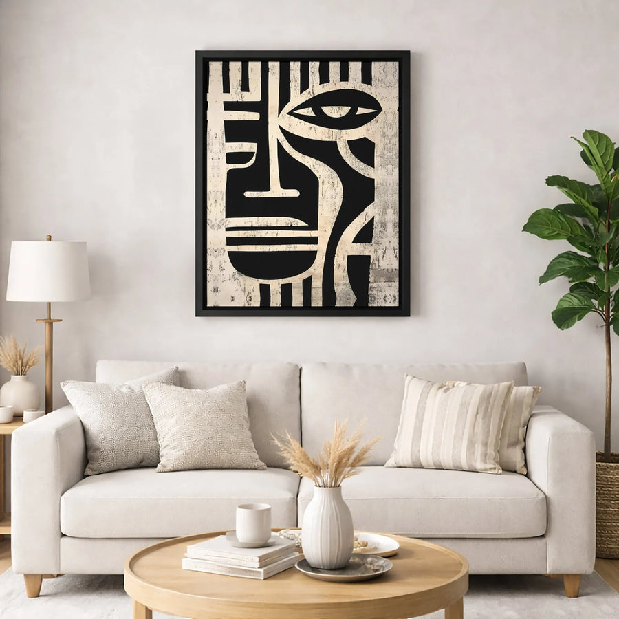 Abstract Tribal Face Canvas Wall Art | Minimalist Black and White Mask Decor | Premium Gallery-Wrapped Print | Modern Home Office Gift