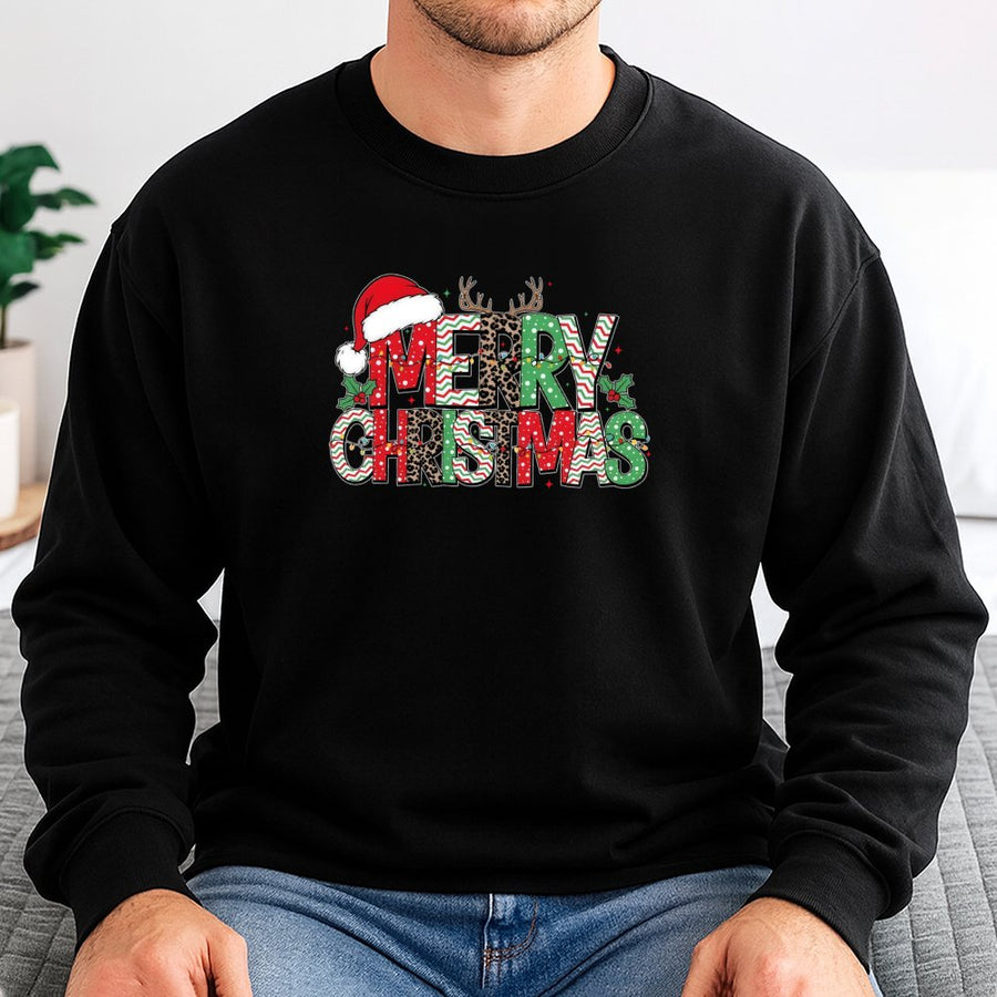 Merry Christmas Sweatshirt | Leopard Print Reindeer Antler Design | Soft Cotton Blend | Festive Holiday Gift For Women And Men
