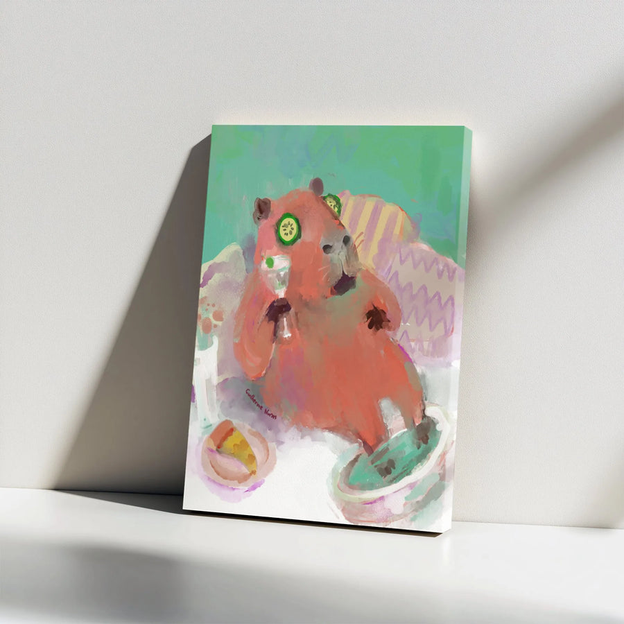 Funny Capybara Wall Art | Spa Day Watercolor Painting | Premium 1.25" Thick Canvas | Unique Bathroom Decor Gift for Animal Lovers