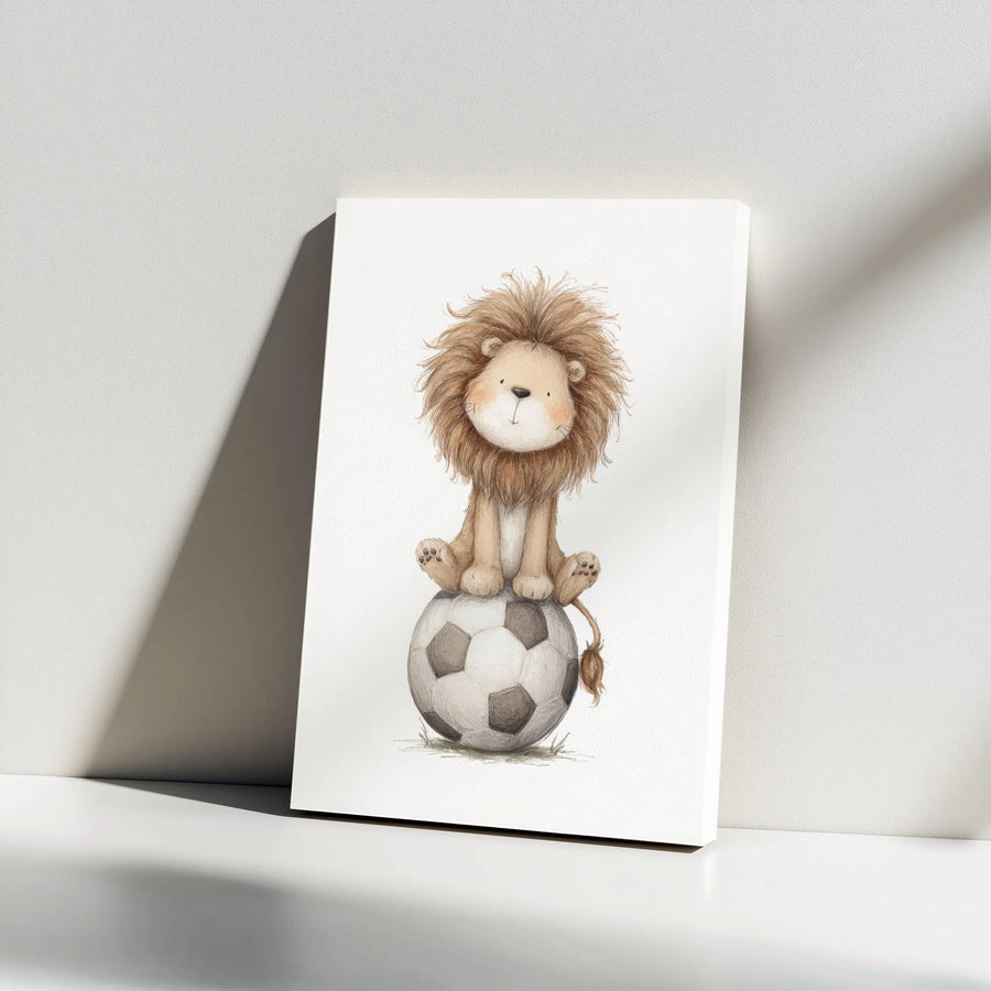 Cute Lion Soccer Canvas Wall Art | Adorable Baby Lion on Football Illustration | Premium Gallery Wrapped Print | Nursery Decor Gift for Boys Room