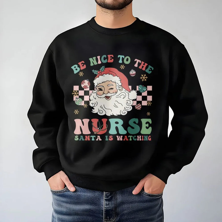 Nurse Christmas Sweatshirt | Retro Santa Be Nice Design | Premium Soft Cotton Blend | Funny Holiday Gift for Nurses RN LPN