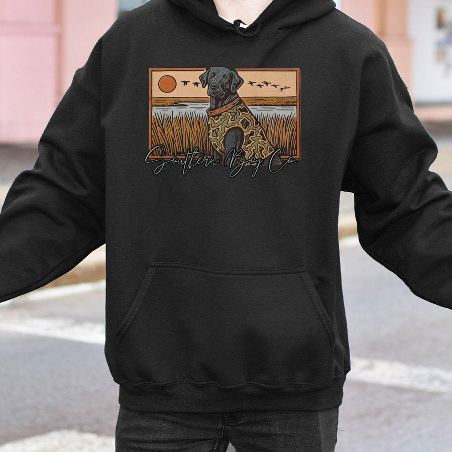 Black Labrador Retriever Hoodie | Marsh Hunting Dog Graphic Art | Premium Cotton Blend Pullover | Outdoorsy Gift for Dog Lovers