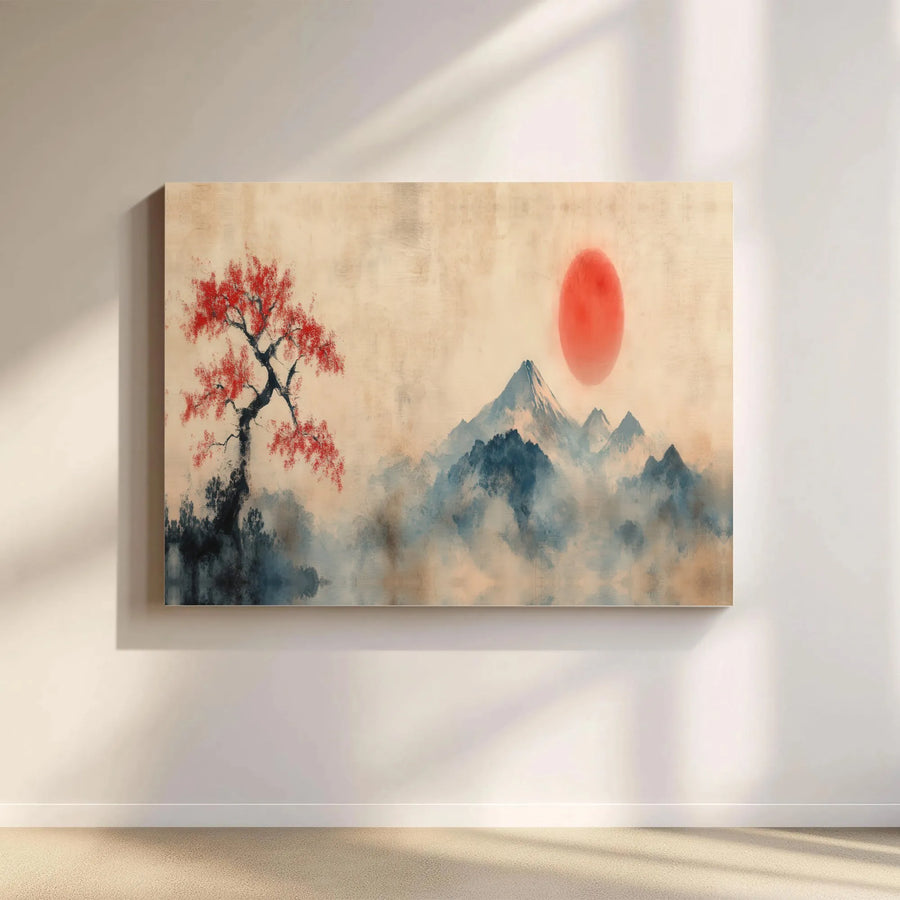 Japanese Mountain Landscape Horizontal Canvas | Vintage Sumi-e Style Red Sun and Tree Print | Premium 1.25” Thick Gallery Wrapped Wall Art | Serene Zen Home Decor Gift for Living Room